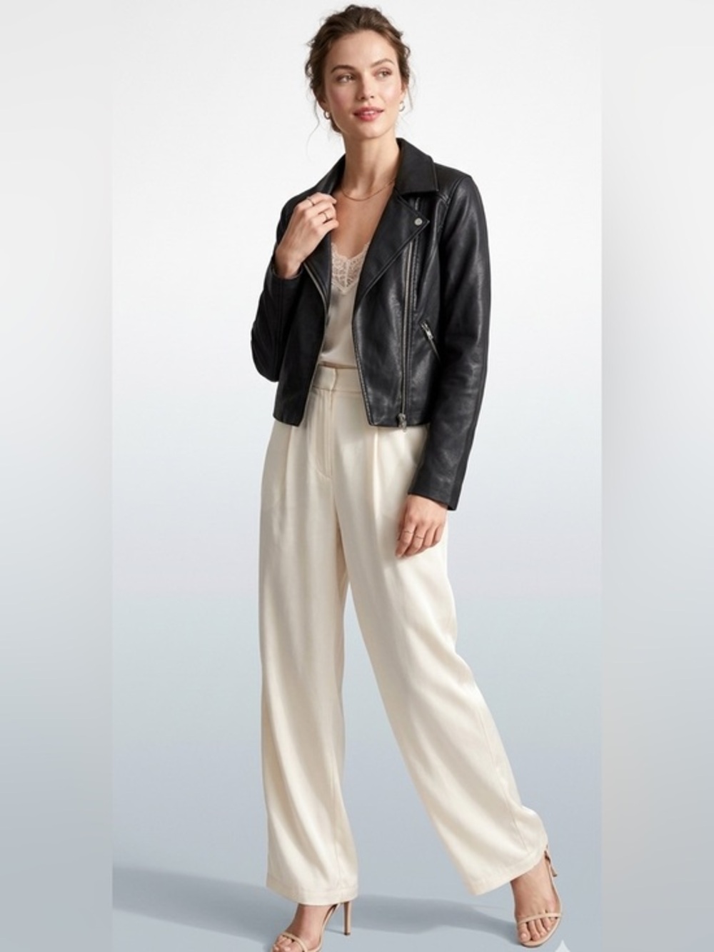 H&M Black Faux Leather Cropped Jacket Size Medium Lined Silver Hardware